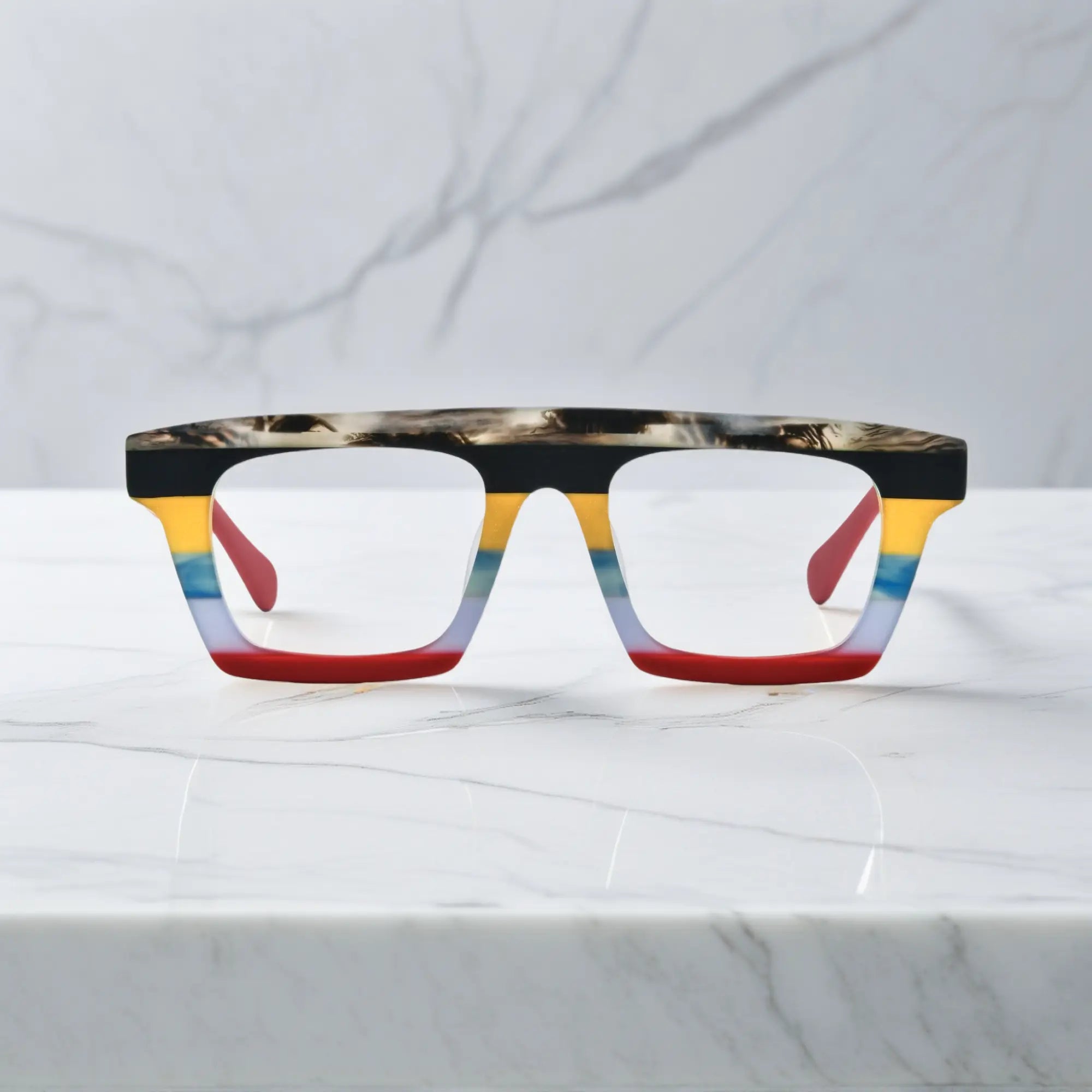 Front-facing view showcasing the bold square frame design of VoyueLens Acetate Square Eyeglasses in Amber Tortoiseshell